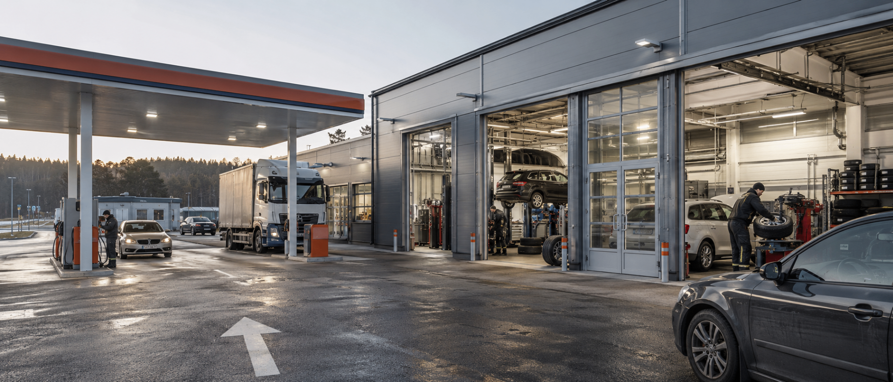 Svensk servicestation med fordonsverkstad, däckservice och tyngre fordon