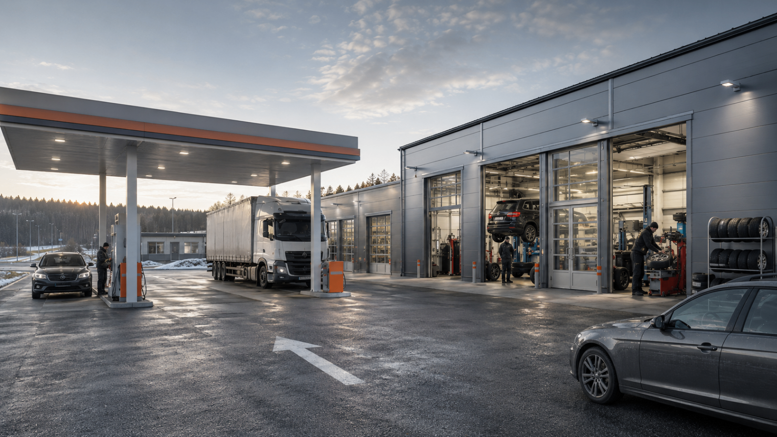 Svensk servicestation och fordonsverkstad med däckservice och verkstadsarbete
