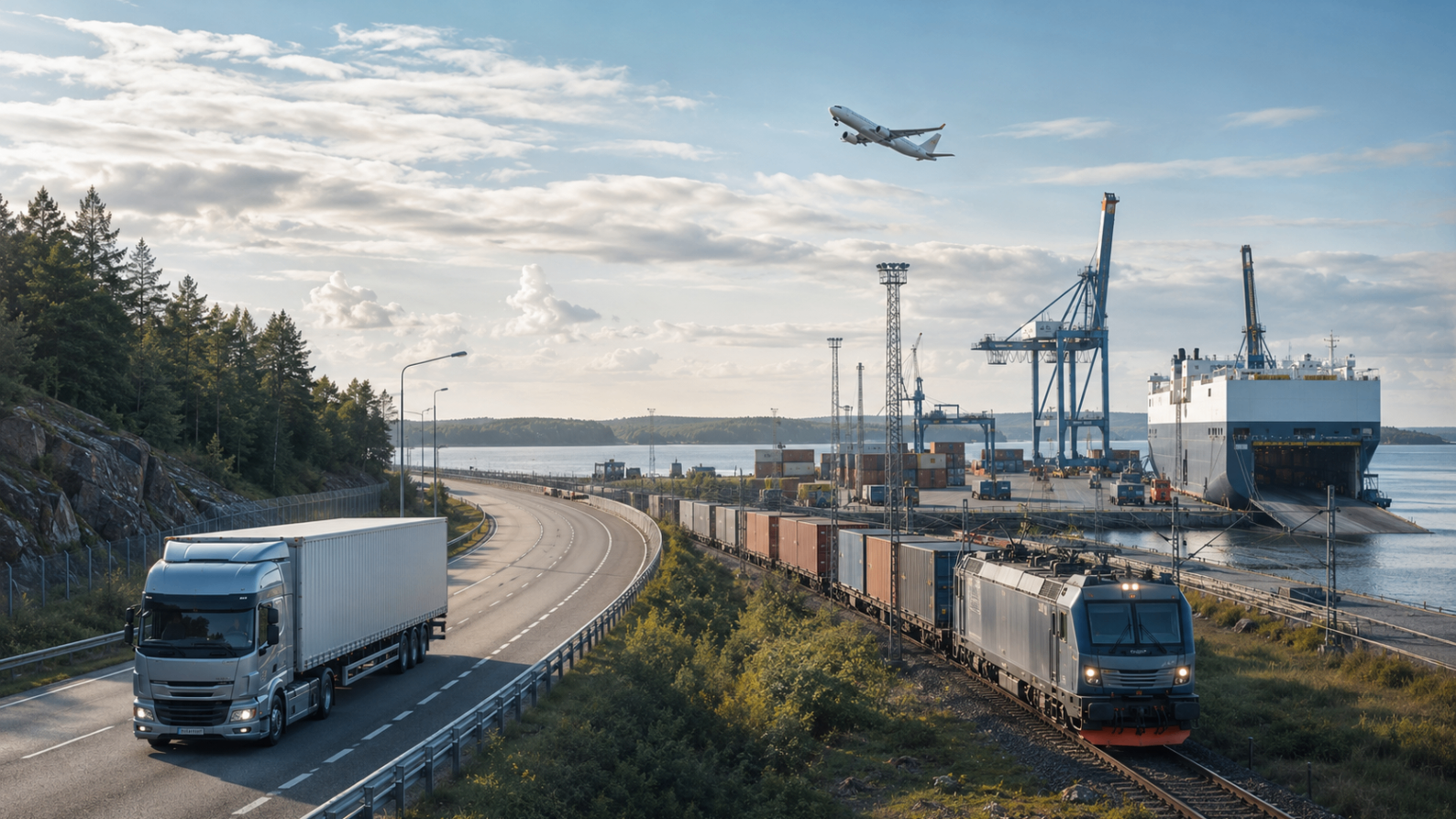 Svenskt transportsystem med vägtransport, järnväg, hamn och flyg